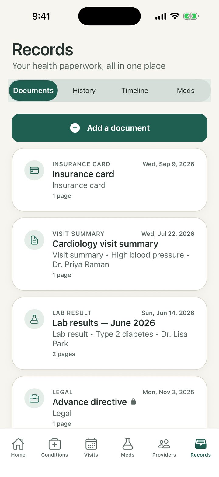 The Records screen listing an insurance card, a visit summary, lab results, and a private legal document