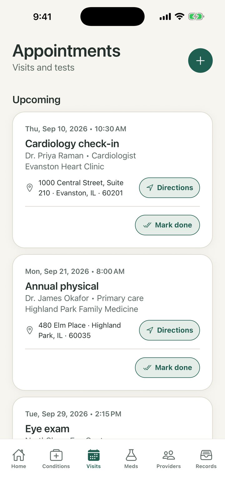 The Appointments screen, with a cardiology visit showing its address and a Directions button